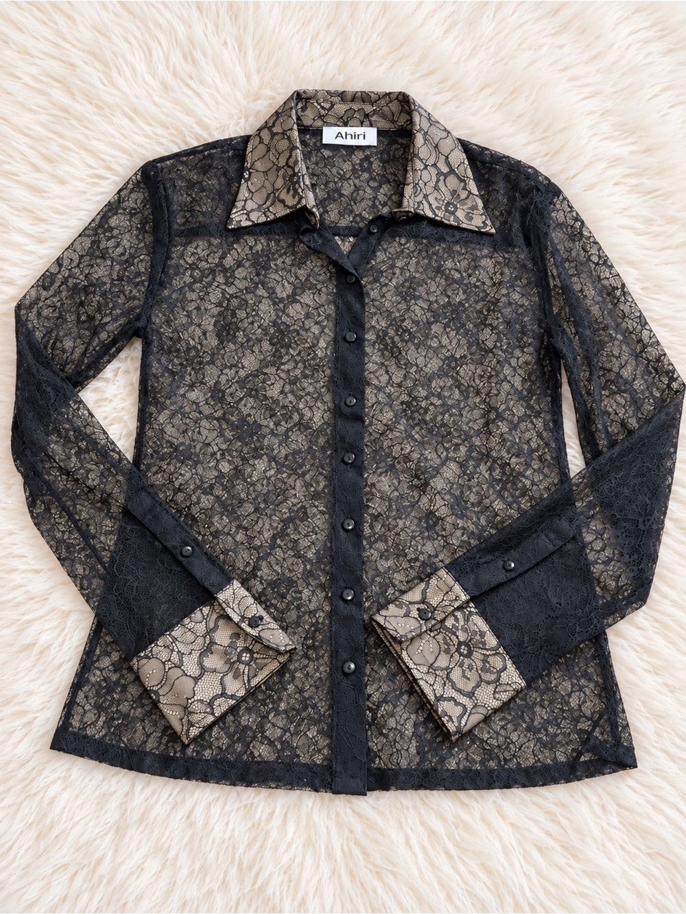 Ahiri Black combo Noelle Lace Button-Front top with Taupe Accents